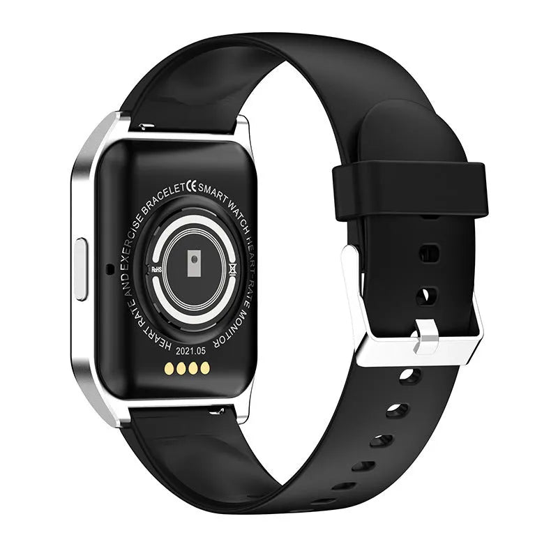 Black or silver smart watch with heart rate monitor, Bluetooth call and music playback on a 1.69-inch screen