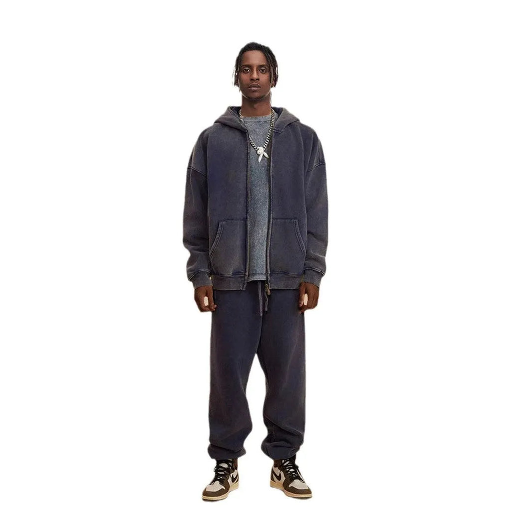 Men's washed black hooded cardigan with double zipper and fleece lining in vintage cotton style