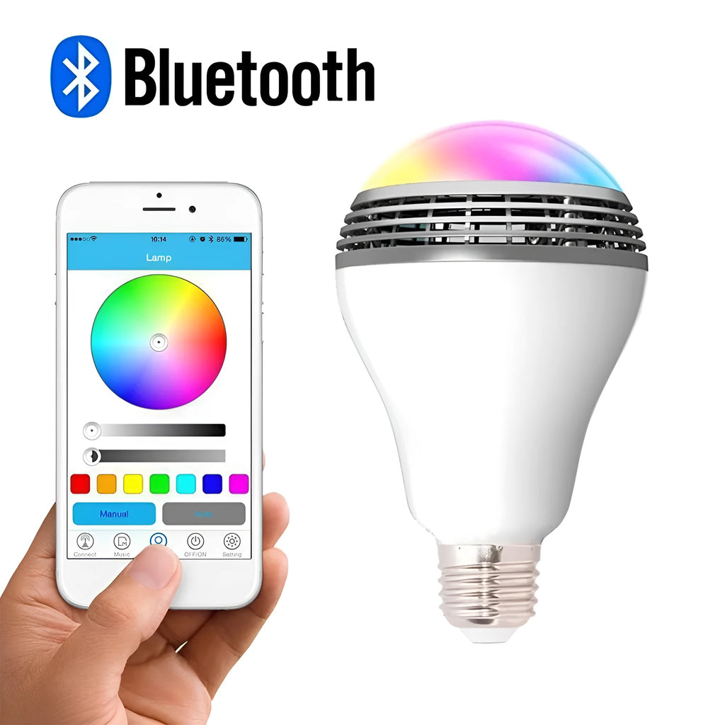 Creative Home E27 LED smart bulb with integrated Bluetooth speaker, white PC body, 100mm diameter.