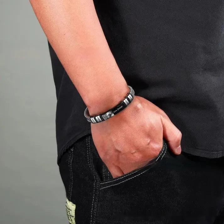 Titanium steel lettering bracelet with leather rope, electroplated heart shape, and bead options in gift box