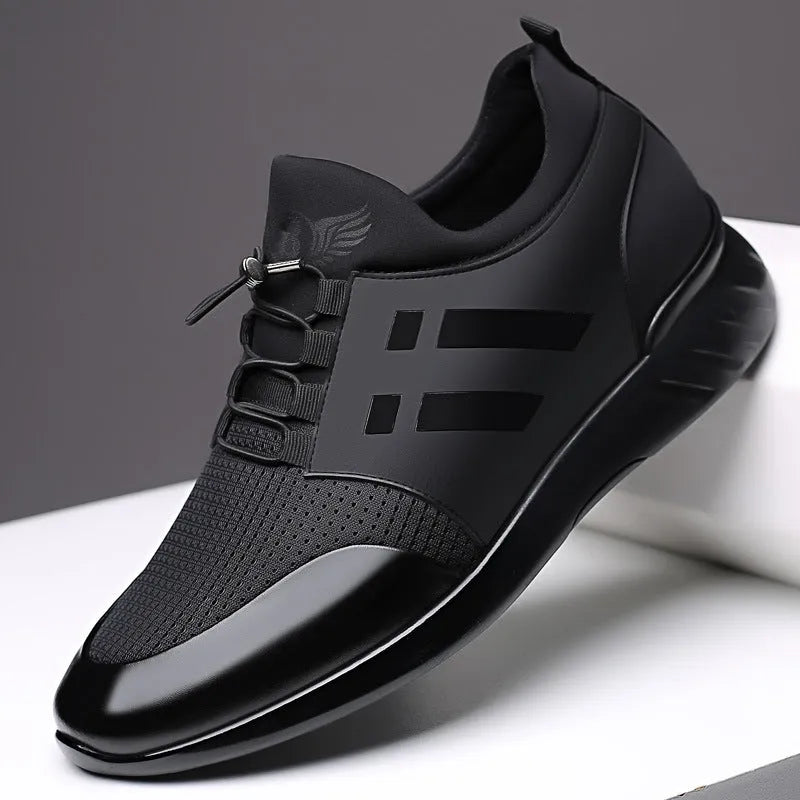 Men's black height increasing casual sneakers with chunky sole, shown in leather and mesh upper options.