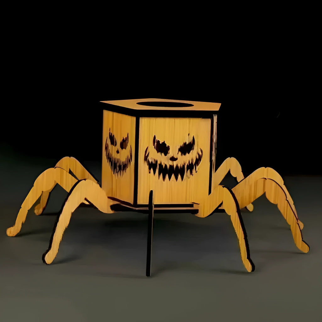 Wooden Halloween spider mini lantern candlestick decoration measuring 21x8.5cm