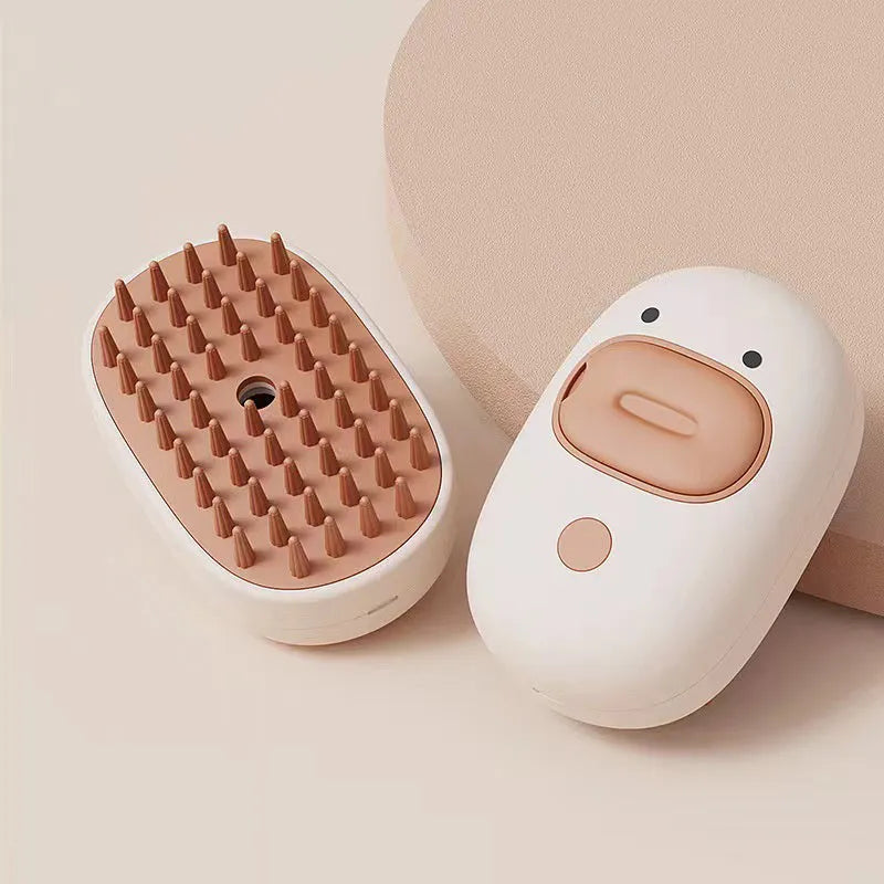 White or yellow rechargeable pet steam brush with water tank and rubber comb teeth
