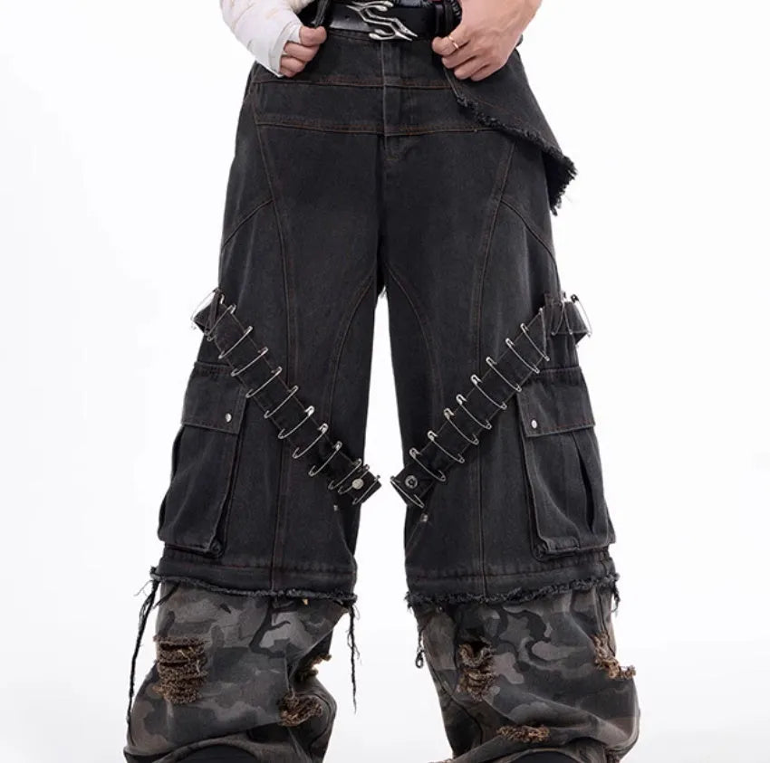 Men's grey camouflage jeans with pin and ribbon details on cotton denim.