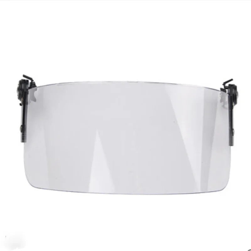 Transparent windproof explosion-proof face mask with guide rail for helmet mounting.