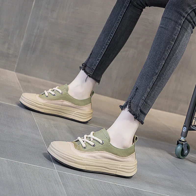 Women's leather platform sneakers in matcha, purple, or orange with round toe and lace-up front