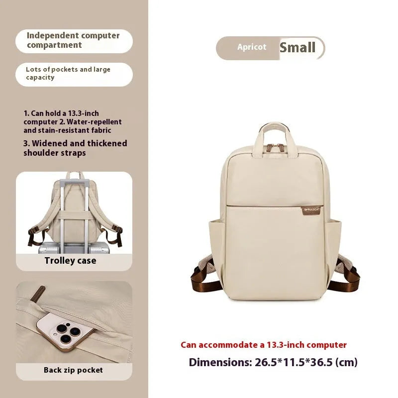 Nylon women's travel backpack in apricot colour showing front pockets and laptop compartment.