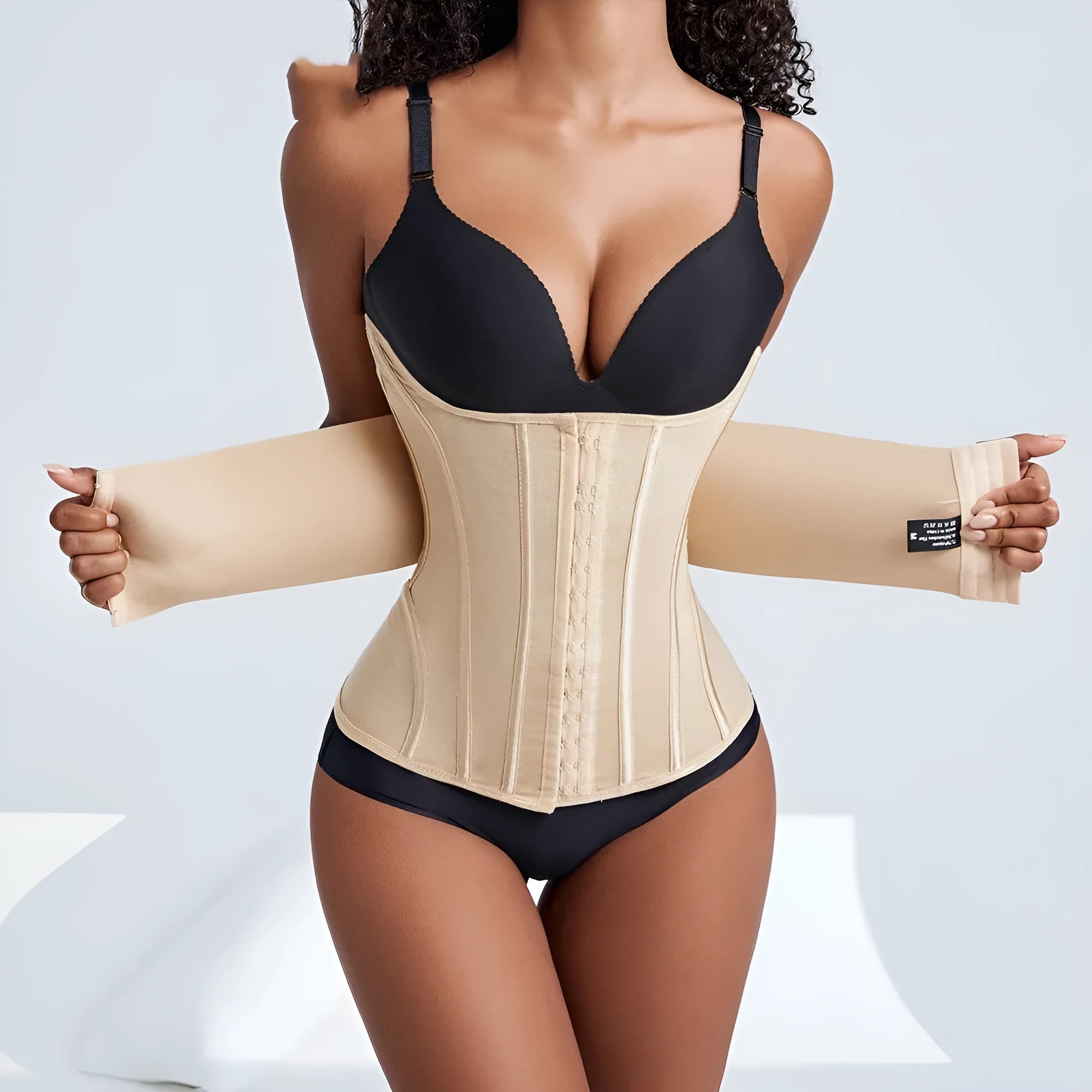 Nylon belly band for waist training in black or apricot colour with belt tie closure