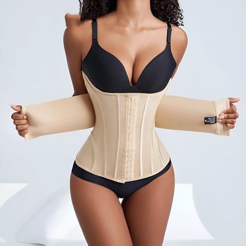 Nylon belly band for waist training in black or apricot colour with belt tie closure