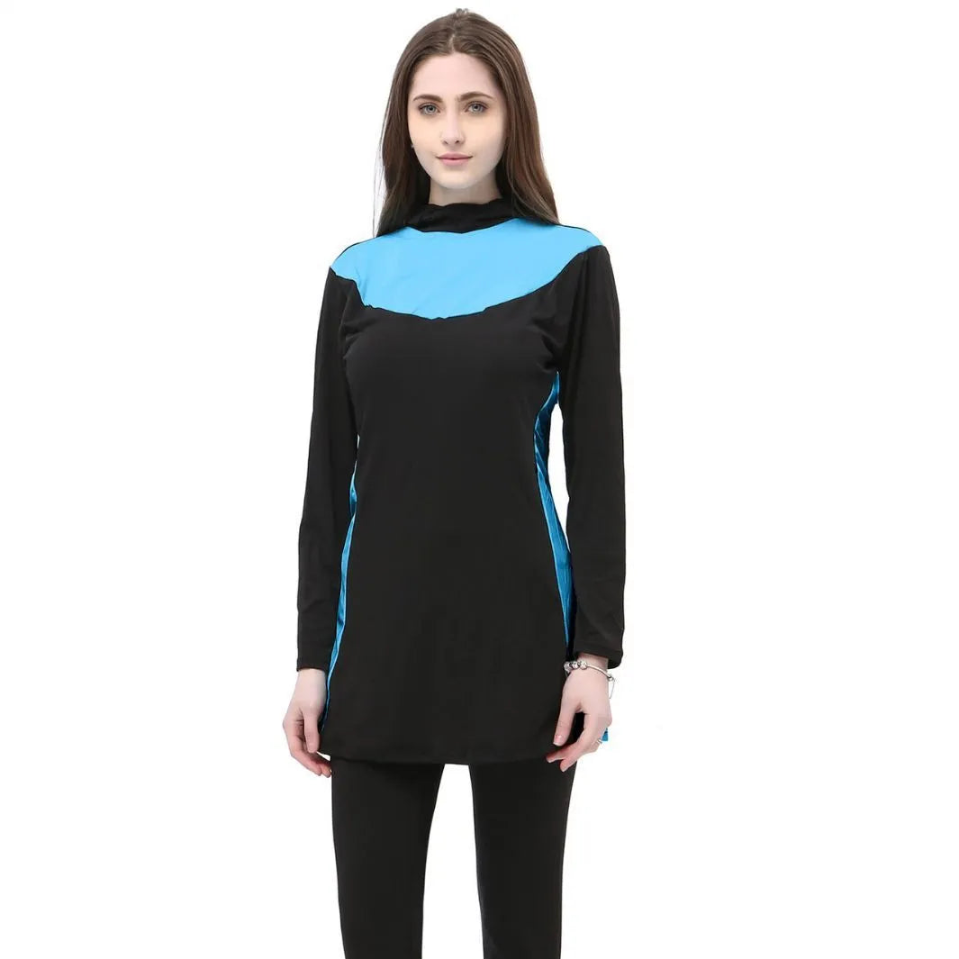 Black women's hooded long sleeve swimsuit top and pants set for swimming