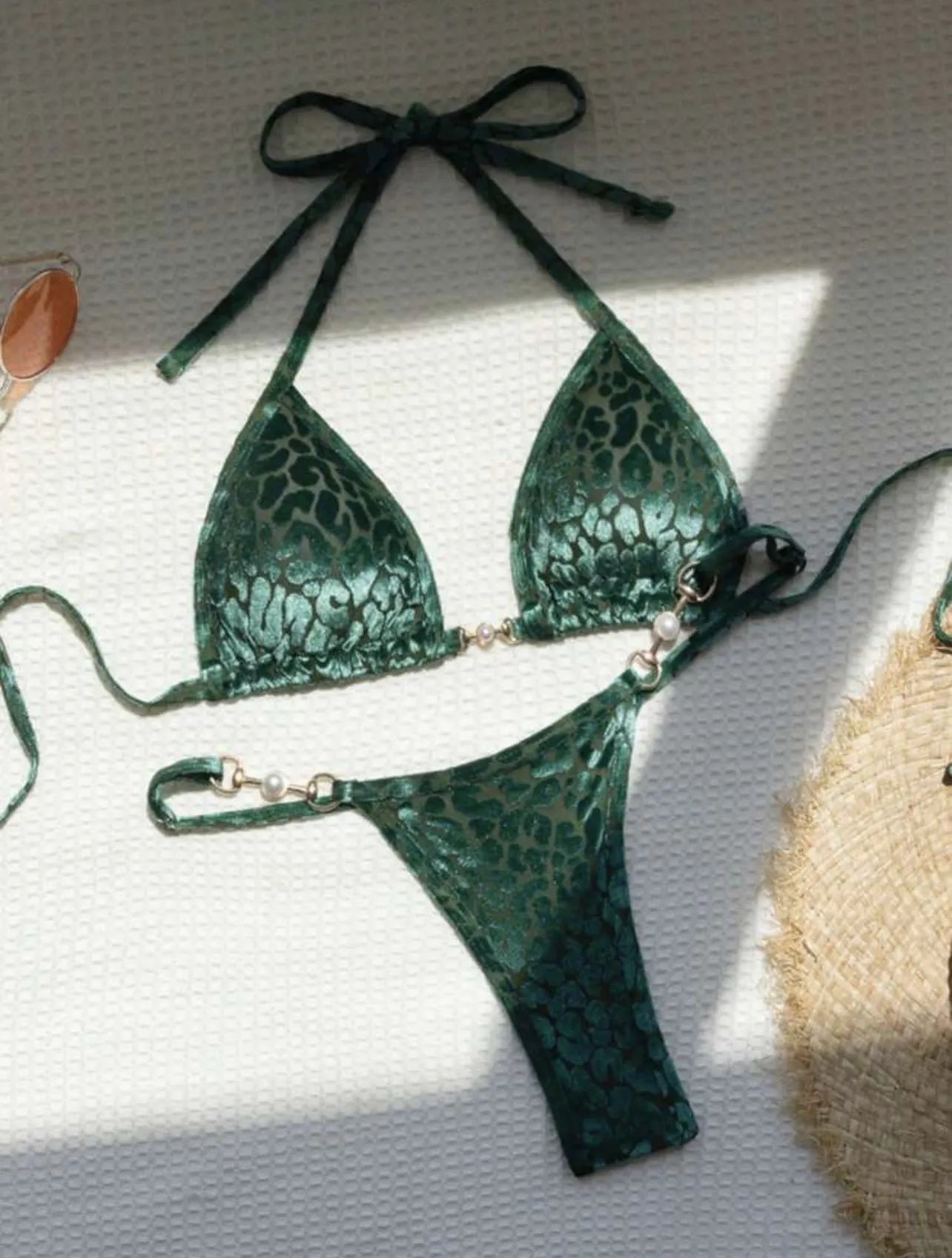 Women's blue leopard print T-shaped polyester bikini set for swimming
