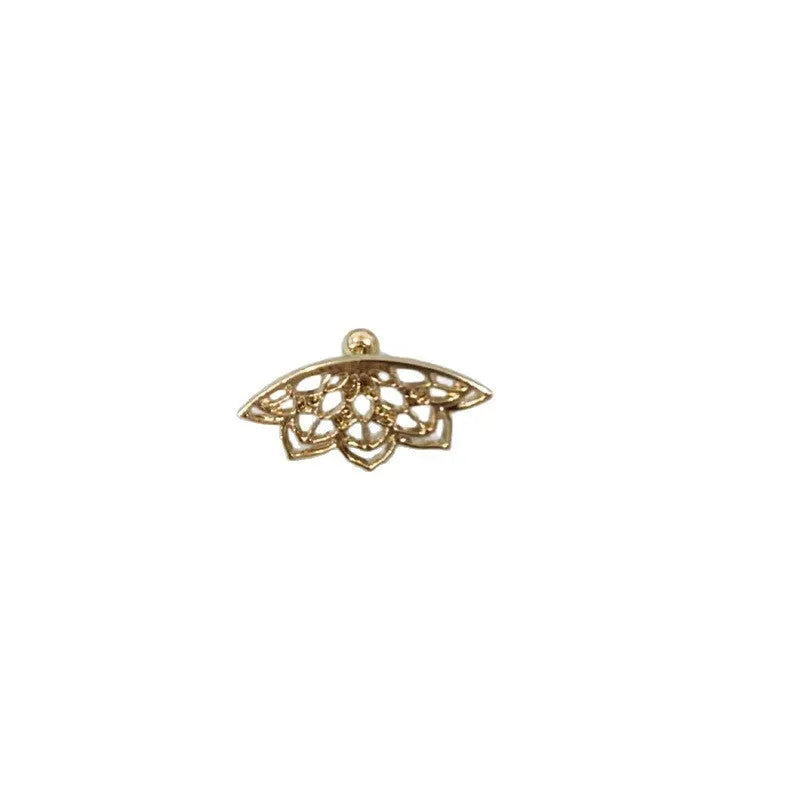 A pair of geometric spider web design stud earrings in an electroplated gold finish.