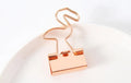Gold-plated long tail metal paper clip showing decorative flamingo, love, clouds, cat, cactus, and bow design options.