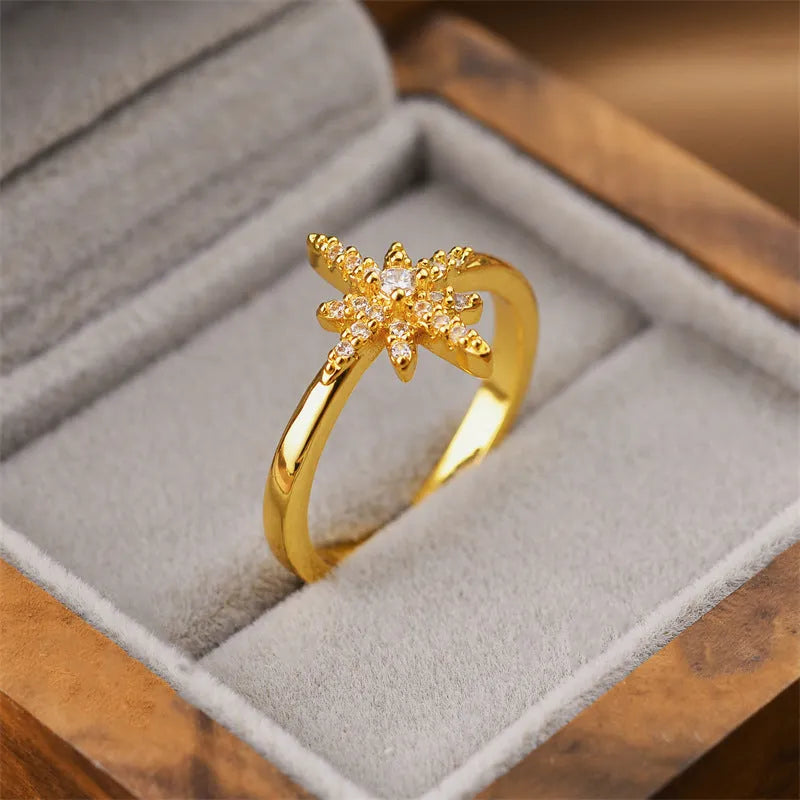 Women's geometric open ring in electroplated gold colour on a copper base.
