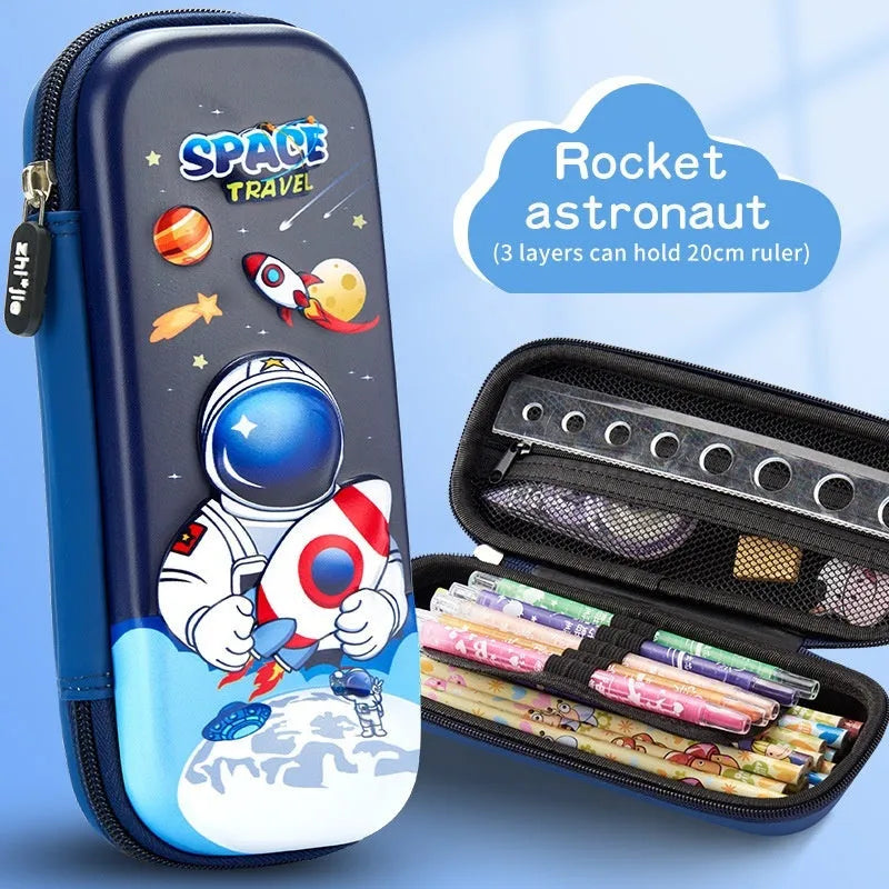 3D leather pencil case in a box shape showing one of the available design options such as a spaceship or unicorn
