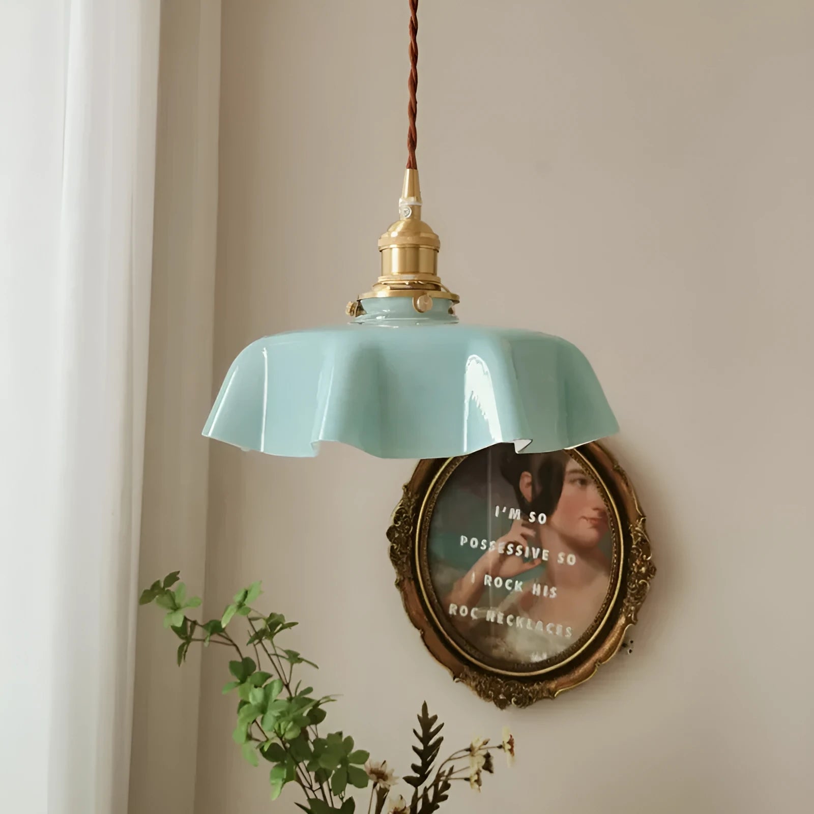 Medieval-style cream brass and glass chandelier light fixture with adjustable 1.5m cord.