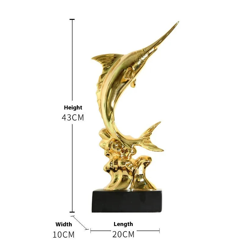 European style decorative resin swordfish ornament in Ocean Green, Lake Blue, Coral Red or Bright Gold.