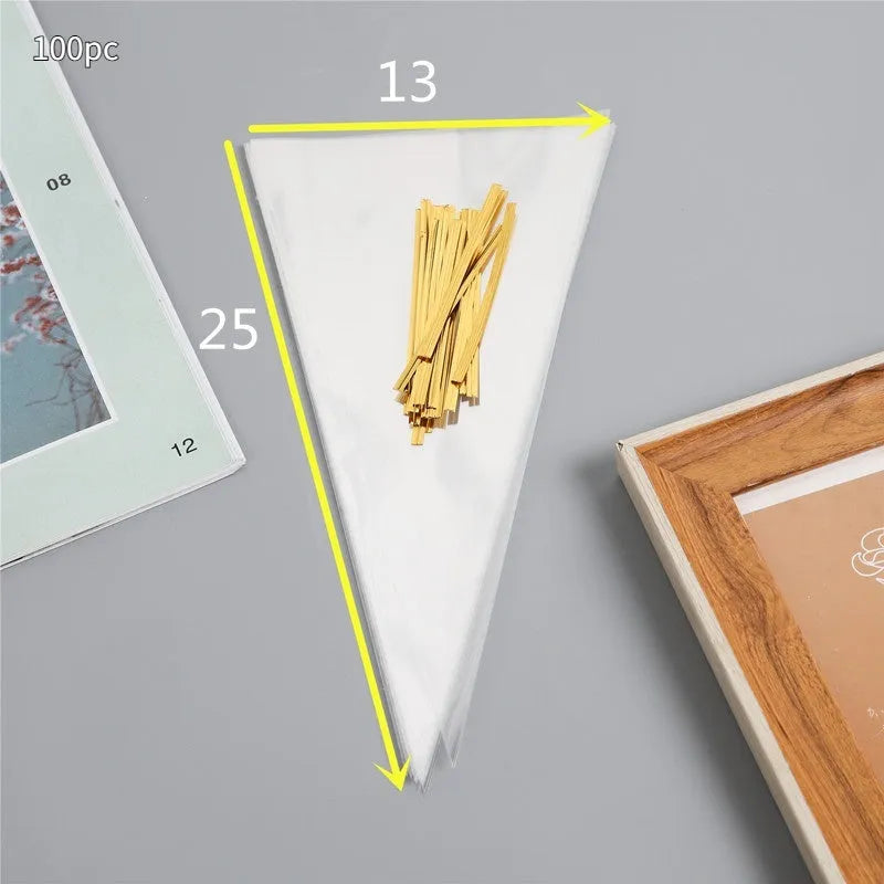 Triangle-shaped clear plastic packaging bag with a metallic tie wire closure.