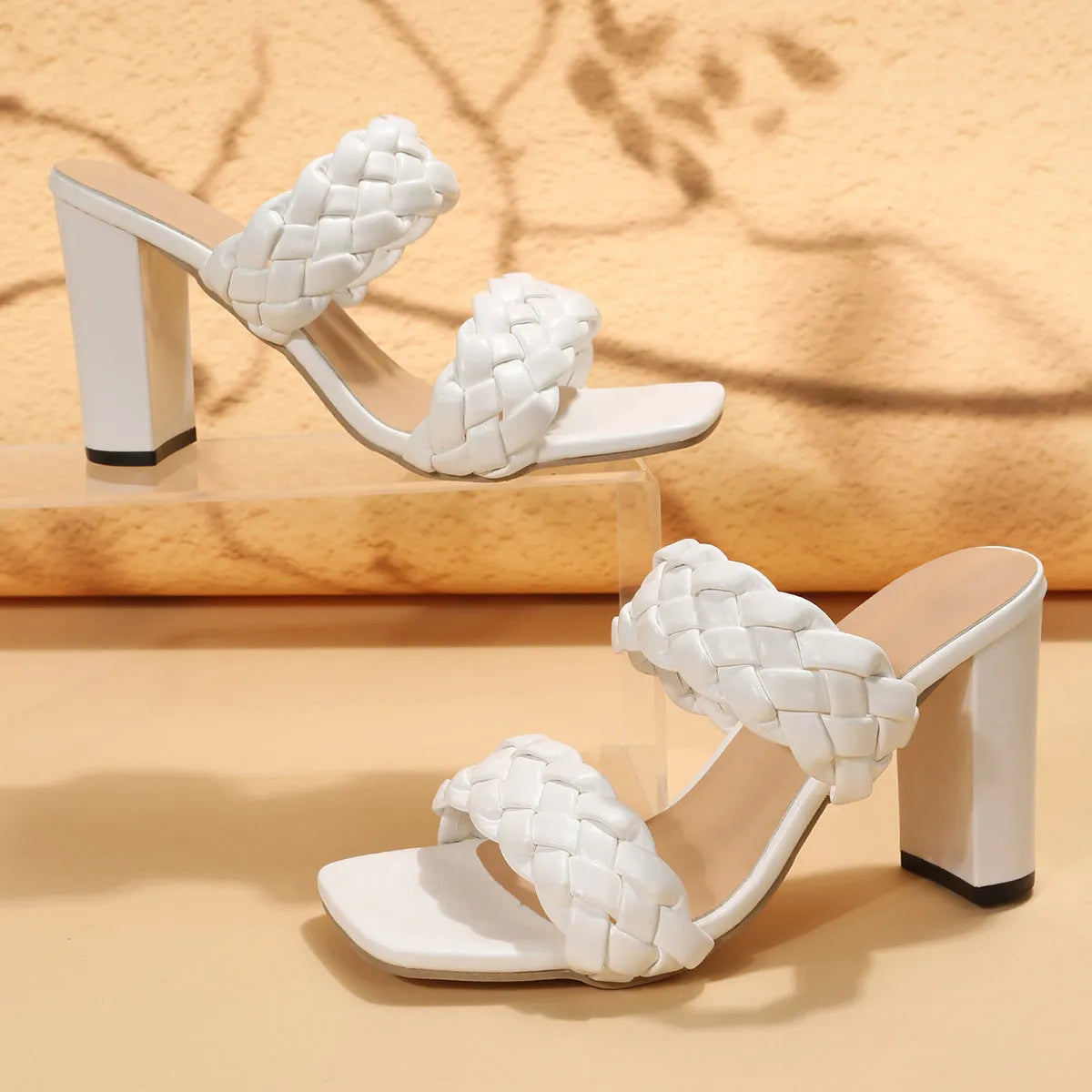 Square toe chunky heel slippers with woven twisted PU upper in apricot colour