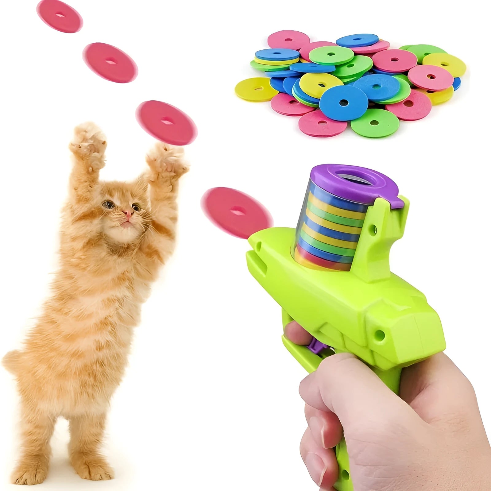 Green battery-free cat toy launcher with foam discs for interactive indoor play