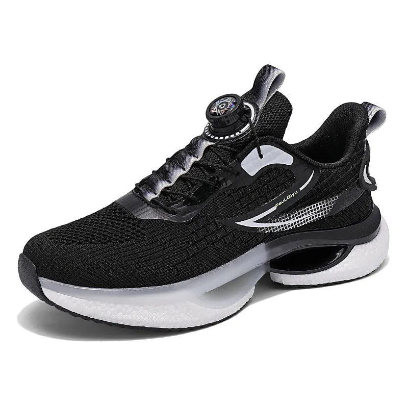 Men's low-top running shoes with rotating button buckle on beige Fly-kit mesh upper and TPU sole.