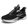 Men's low-top running shoes with rotating button buckle on beige Fly-kit mesh upper and TPU sole.