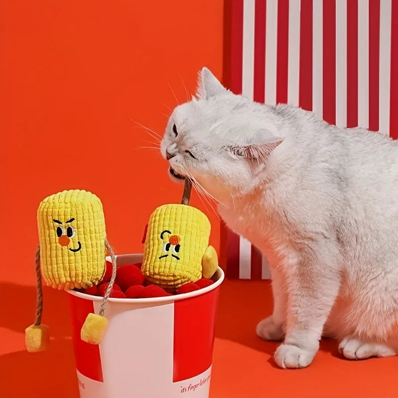Corn cob shaped cat dental toy made from polio wood with catnip, measuring 7cm by 6cm by 15cm
