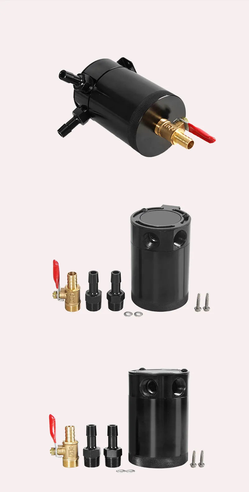 Black aluminium automotive oil pot with two-hole breathable design and connector fittings