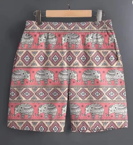 Men's striped and camouflage pattern casual polyester shorts for outdoor sports, shown in sizes S to 5XL.