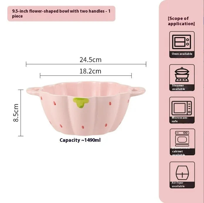 Strawberry pattern ceramic dinnerware set with bowls, plates and twist spoon