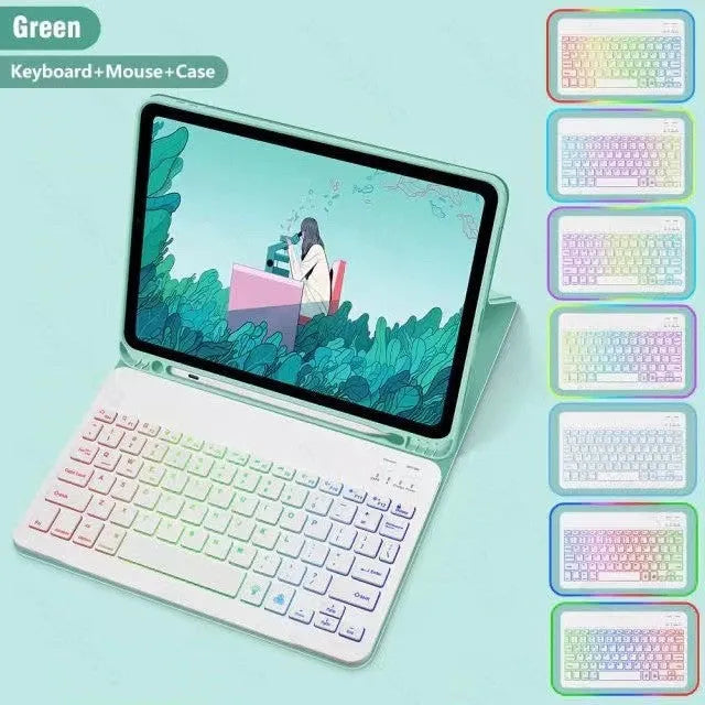 iPad protective case with luminous RGB Bluetooth keyboard and mouse in black leather sheath style