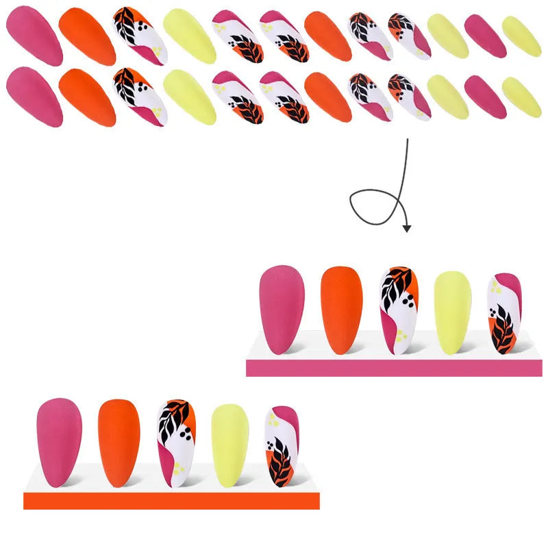 Medium almond armour frosted nail stickers showing four pattern variations: French colourful leaves, colourful plating, star flash macarons, gradient leopard print