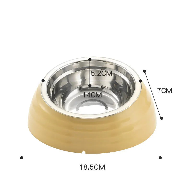Stainless steel cat bowl on a plastic base in beige, brown, or light green.