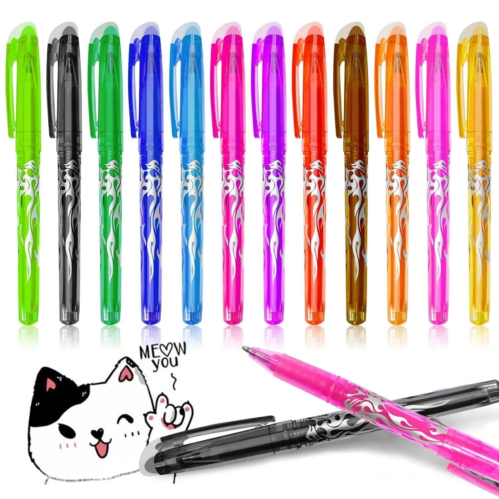 Heat-erasable gel pen set with plastic barrels and stainless steel nibs in multiple colours
