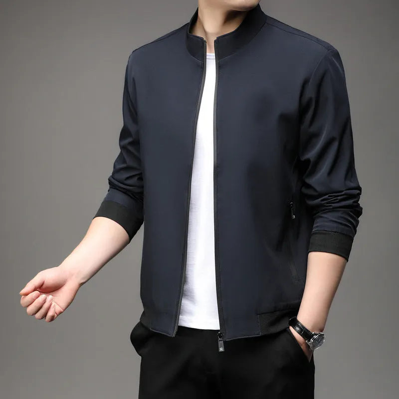 Men's Korean style loose lapel autumn jacket in black with zipper pockets