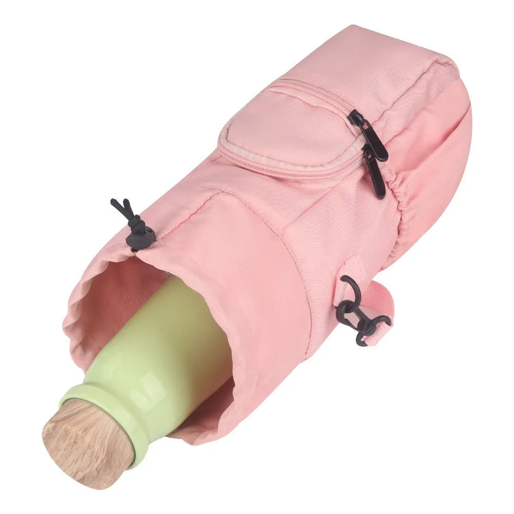 Canvas water bottle shoulder bag with crossbody strap in black, green, and pink colour options