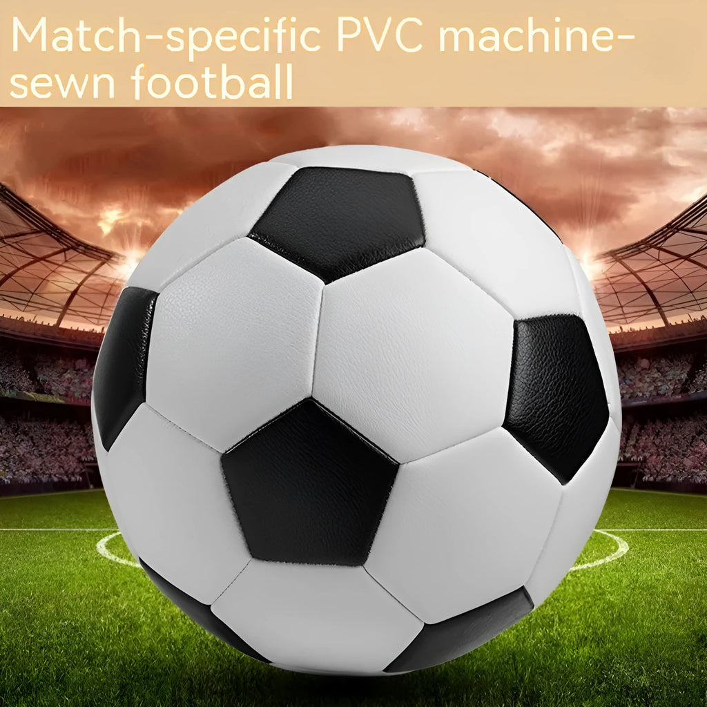 Machine-sewn PVC football in sizes 3, 4, and 5 shown in various colour patterns including red dragon roll and tornado blue.