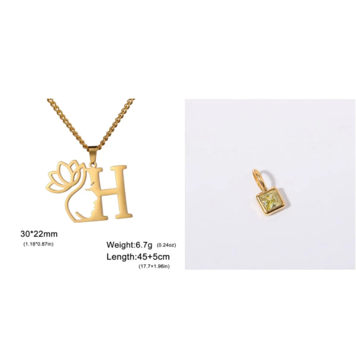 Stainless steel necklace with cross chain and a single letter pendant in gold or silver finish.