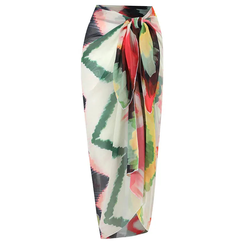 Women's two-piece swimsuit with hip skirt in printed polyester fabric