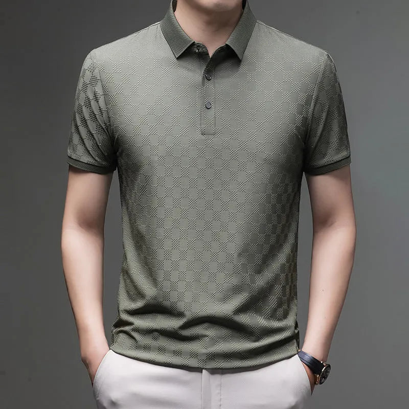 Man wearing a black rhombus weave thin ice silk short sleeve T-shirt with a slit detail.