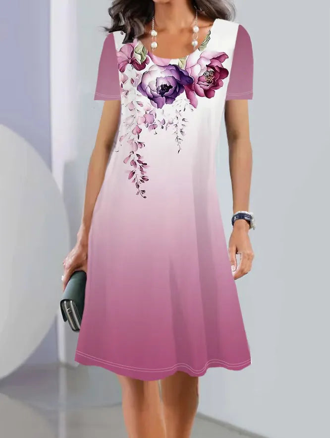 Mid-length A-line summer dress with botanical prints on polyester ice silk fabric with short sleeves and round neckline