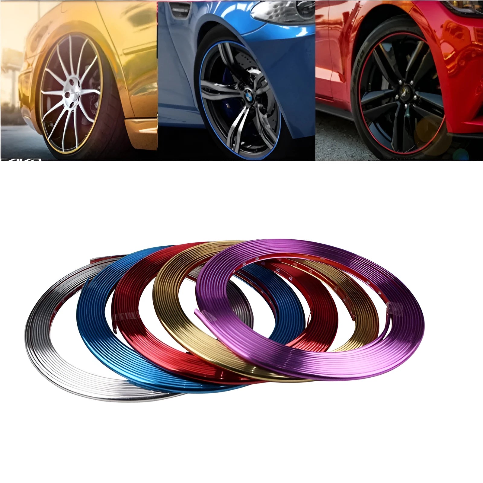 Roll of electroplated purple PVC wheel hub trim strip, 8 metres long, for car decoration and protection.