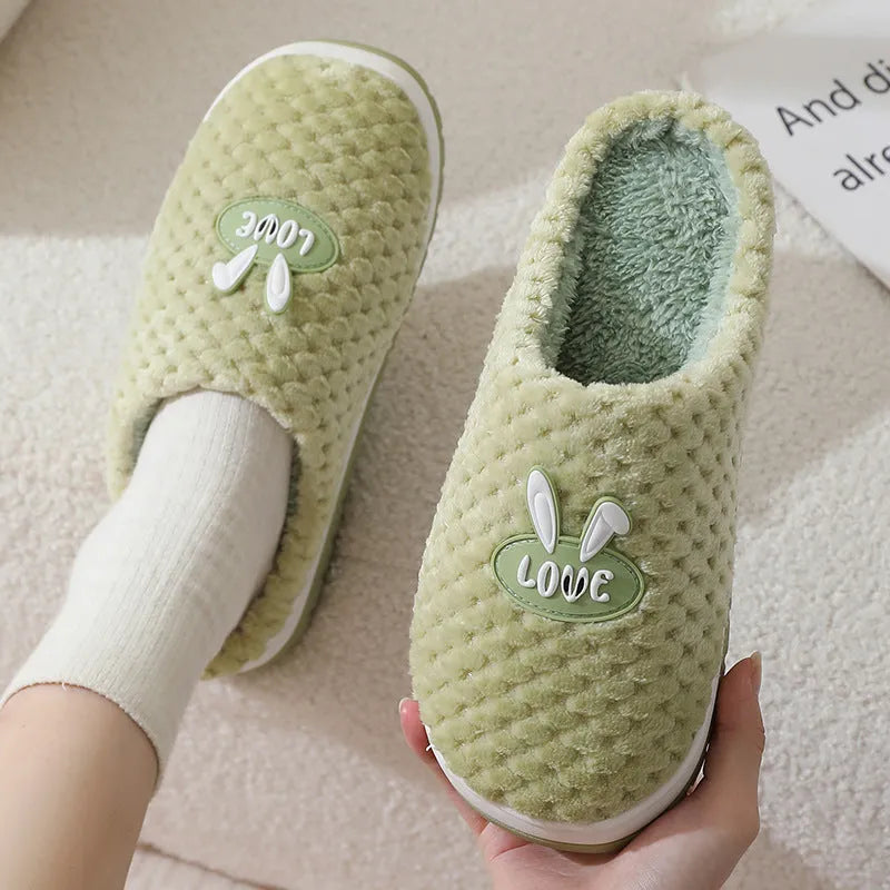 Women's rabbit plaid cotton house slippers with a thick rubber sole, shown in apricot colour.