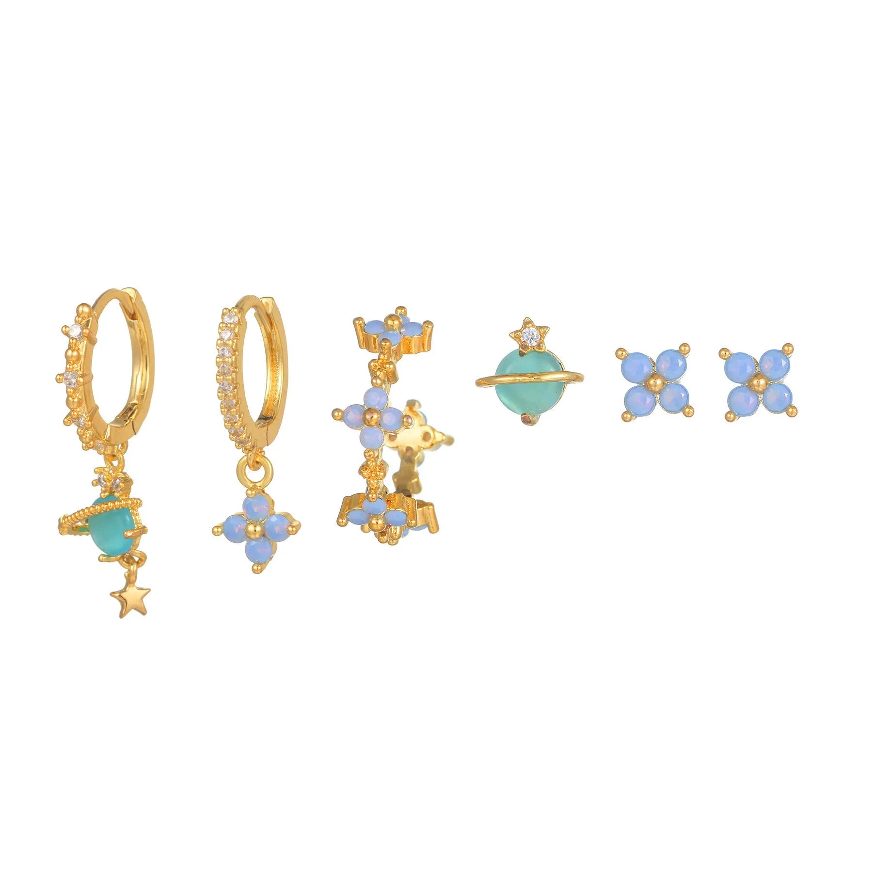 Gold and silver flower nail ear studs with zircon mosaic in Japanese Korean sweet girl style