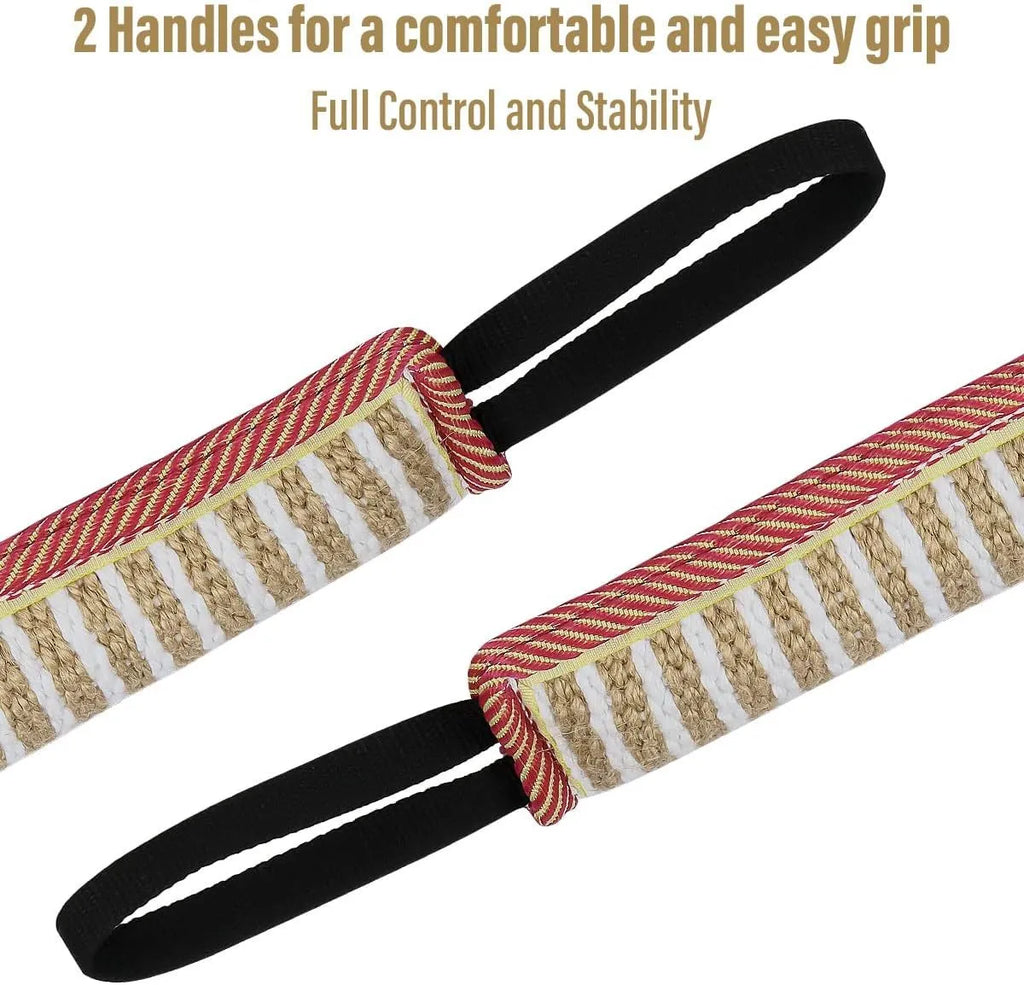 Beige jute dog tug toy with two handles showing double stitching along biting sleeve