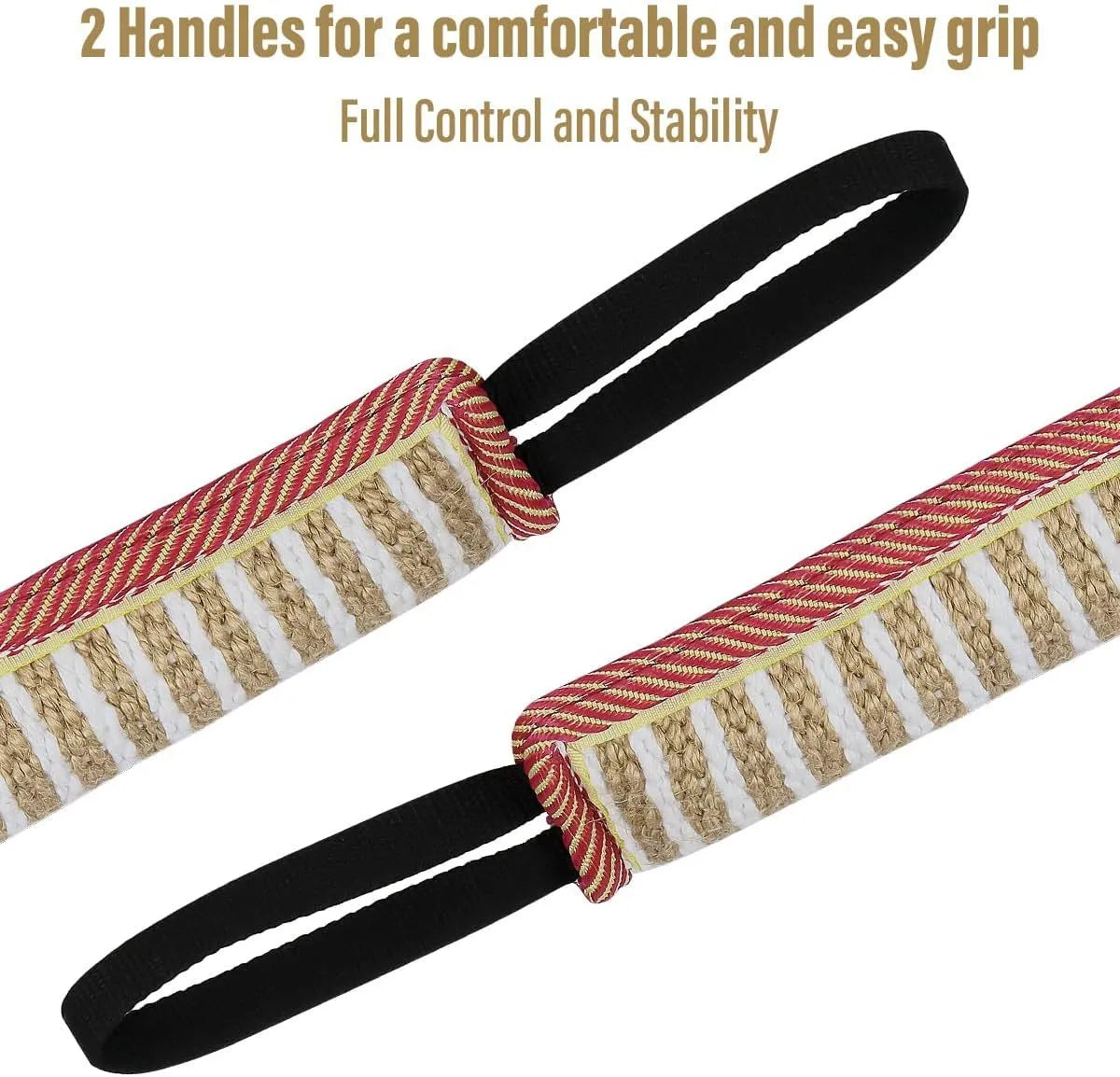 Beige jute dog tug toy with two handles showing double stitching along biting sleeve