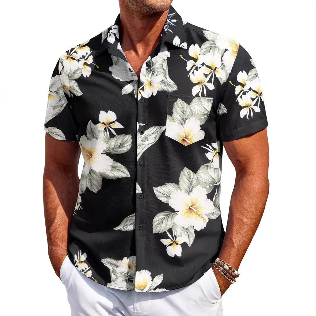 Man wearing a slim fit short sleeve Hawaiian print cardigan shirt in a solid colour.