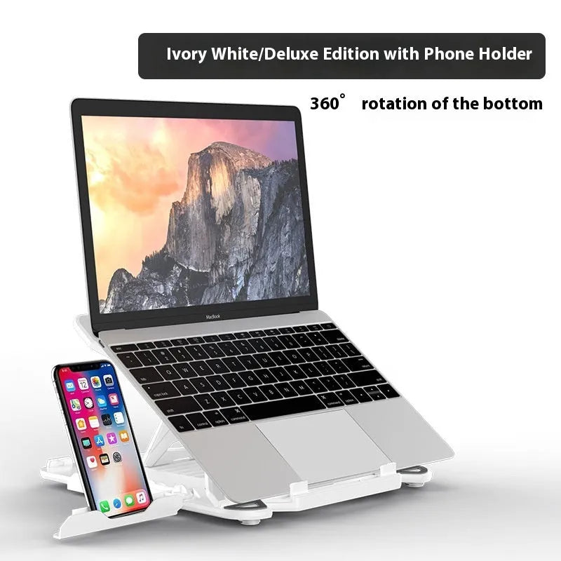 Black ABS plastic laptop bracket with phone holder measuring 300x200mm