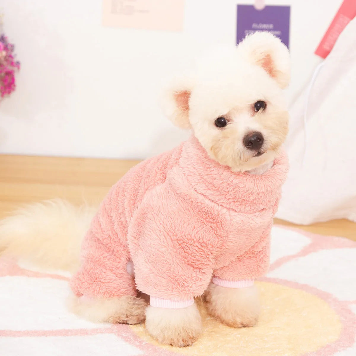 Four-legged dog clothes in double-sided plush fabric with high collar and towing ring in khaki, pink, and blue colours