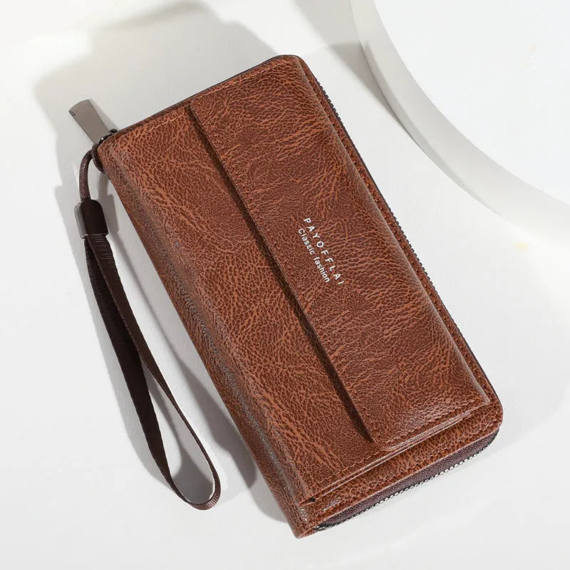 Long men's bifold wallet in PU leather showing multiple card slots and compartments.